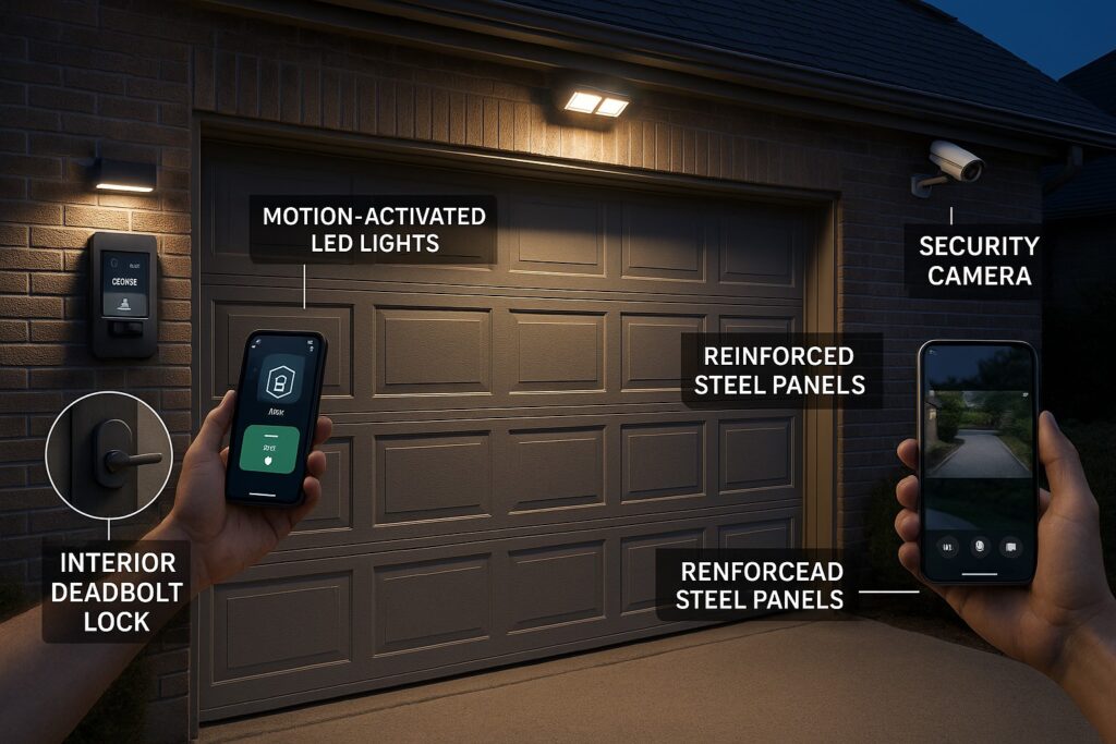 5 Reasons Why a New Garage Door Can Save You Money in the Long Run 2 Night view of a new garage door equipped with advanced security features, including reinforced steel panels, motion-activated LED lights, a security camera, interior deadbolt lock, and smartphone access control.