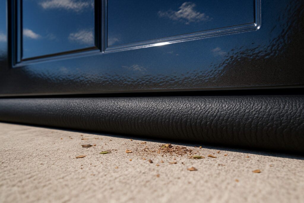 Durable garage door weather stripping bottom seal blocking dirt and debris.