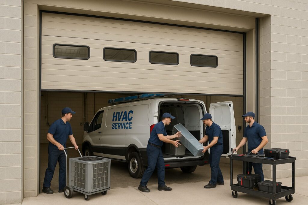 Service crew loading equipment through warehouse entrance during commercial garage door repair.