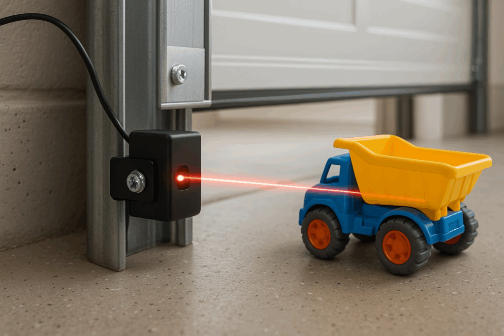 Close-up of garage door safety sensor detecting toy truck in path, preventing closure and ensuring safe repair garage door operation.