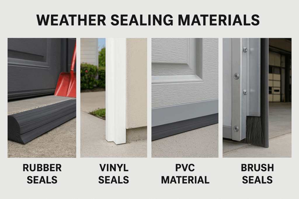 Garage door weather stripping materials including rubber seals, vinyl seals, PVC material, and brush seals.