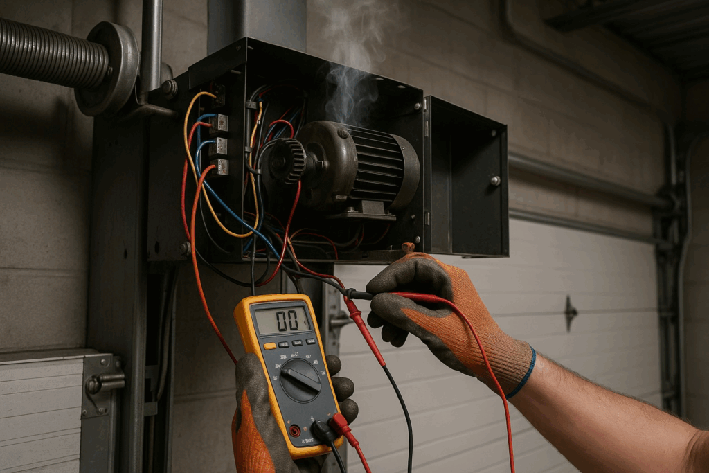Technician troubleshooting faulty opener wiring during commercial garage door repair.