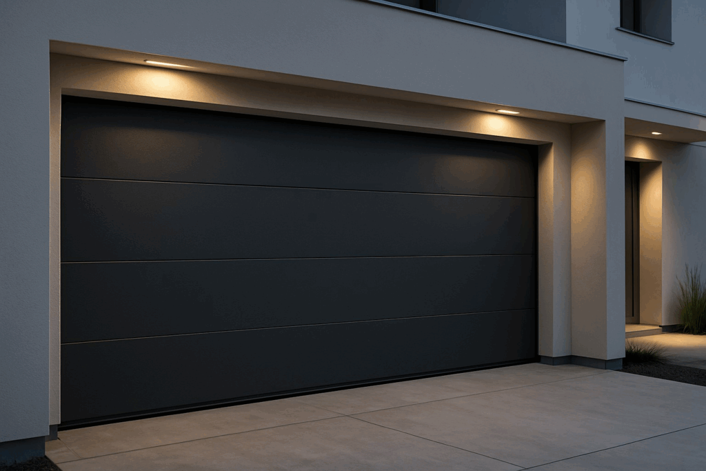 Minimalist dark modern garage doors with exterior lighting on contemporary home.