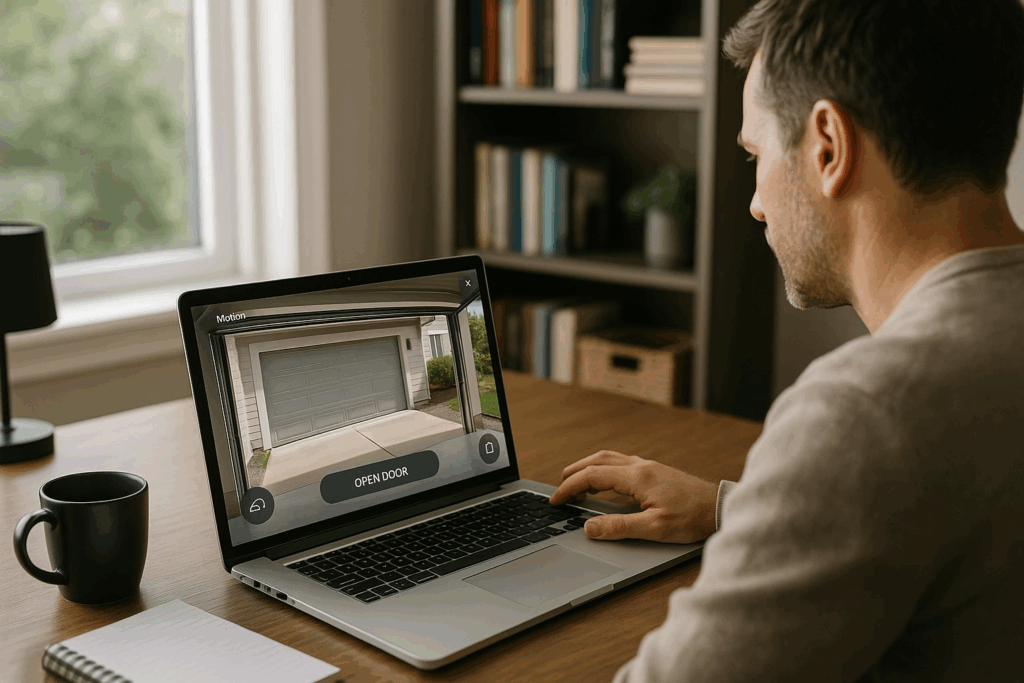 Man monitoring modern garage doors through laptop smart home system.