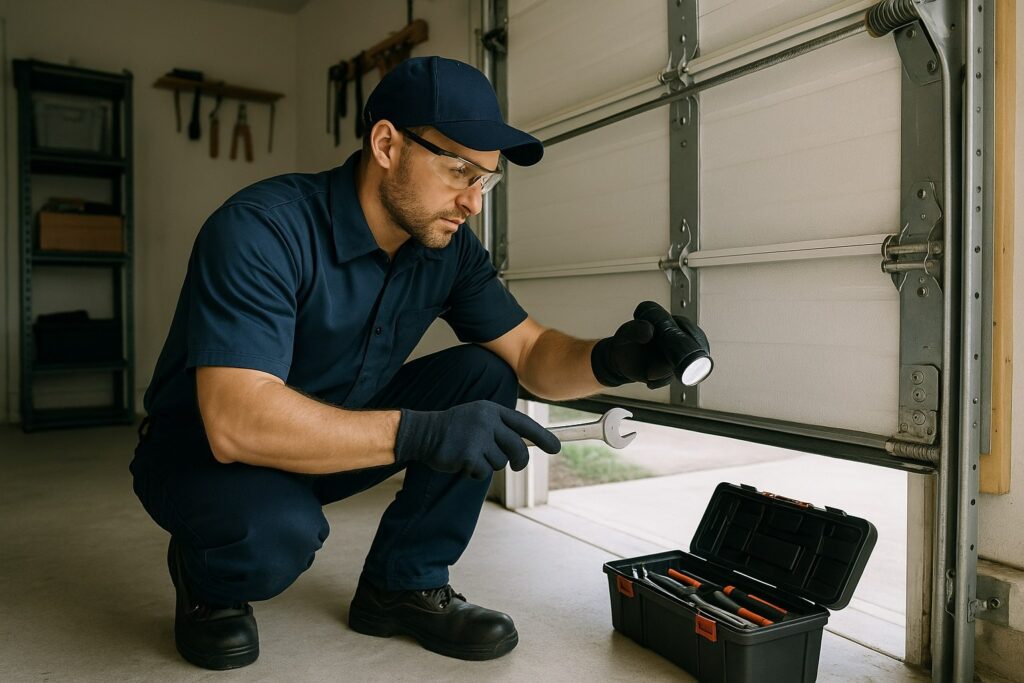 Garage Door Maintenance in Killeen, TX: Service You Can Count On 1 Technician performing garage door maintenance by inspecting metal tracks and hardware for alignment and safety.