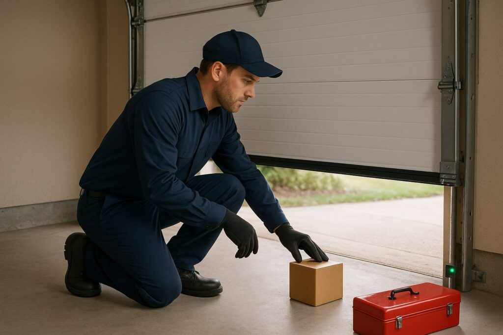 Garage Door Maintenance in Killeen, TX: Service You Can Count On 2 Technician performing garage door maintenance by testing safety sensors with an object to ensure proper automatic reversal.