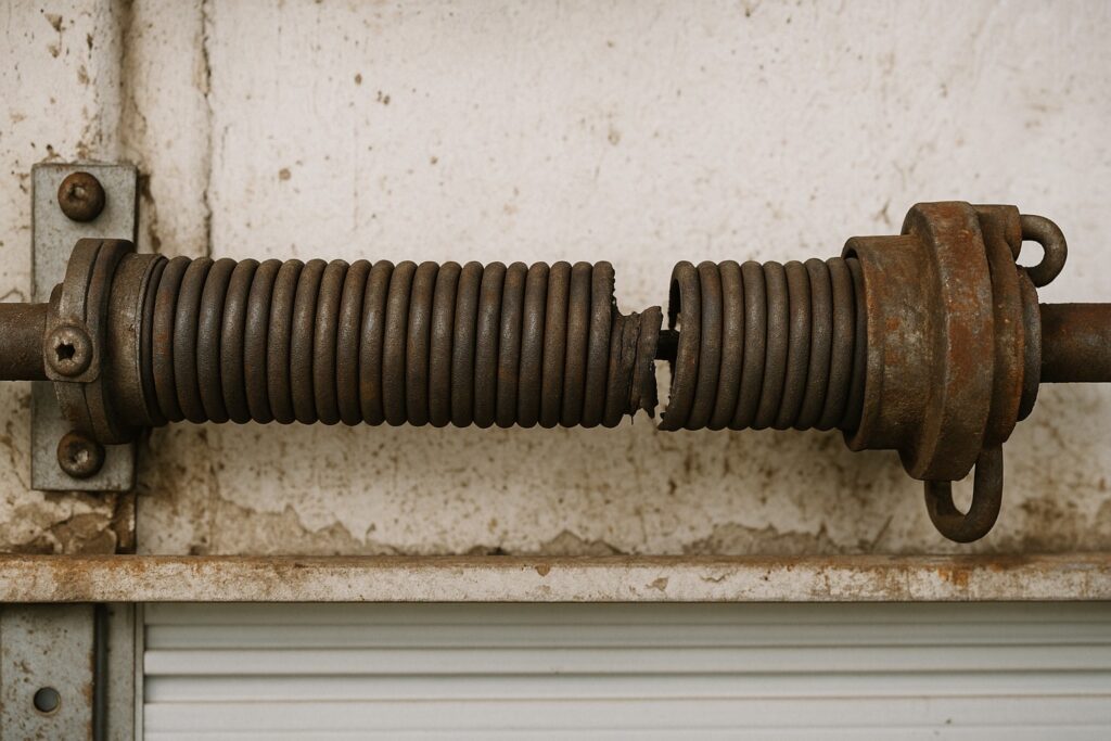 Common Problems and Solutions for Automatic Garage Doors in Killeen, TX 1 A broken torsion spring on automatic garage doors shows severe wear and damage.