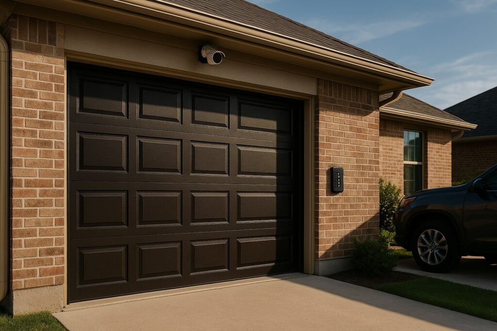 Modern residential home with a black insulated door after a professional garage door tune-up and maintenance service.