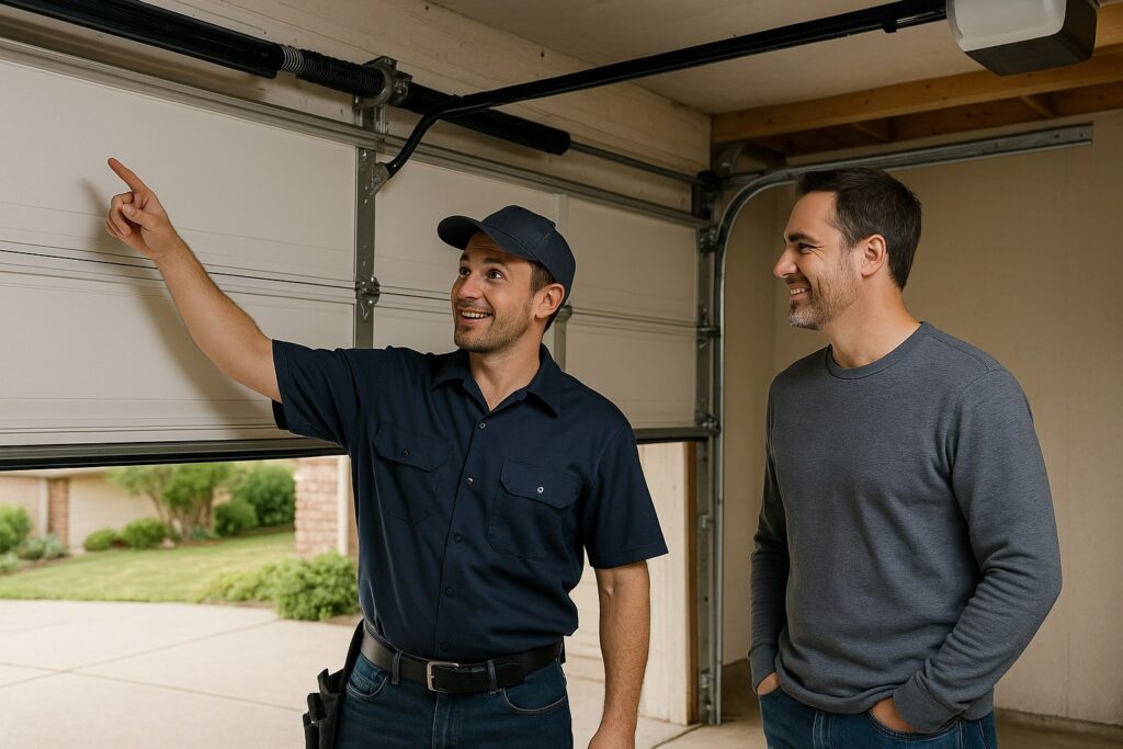 Garage door repair technician explaining maintenance options to a homeowner beside an open garage door.