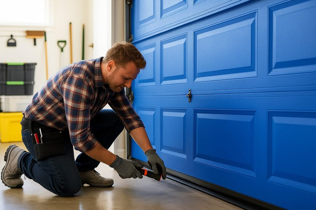 Garage door repair technician fixing the bottom seal on a blue garage door.