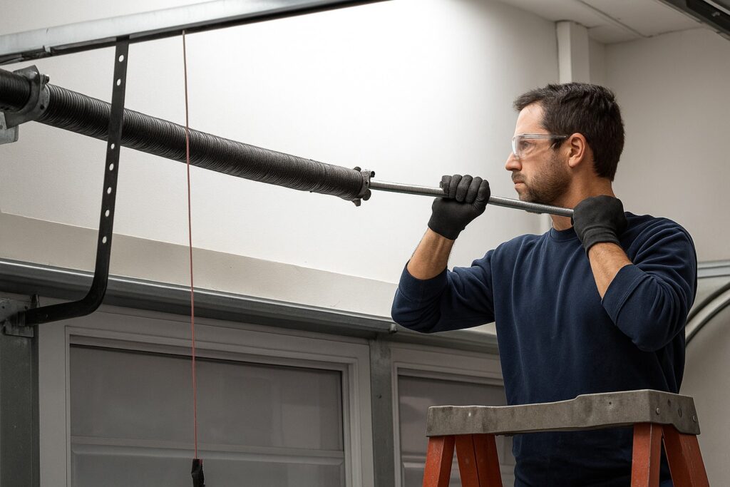 Garage door troubleshooting: technician on a ladder adjusting a torsion spring with a winding bar.