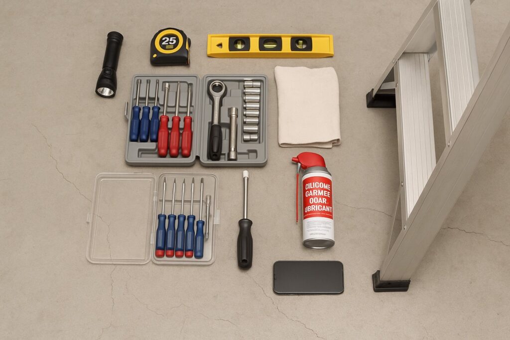 Garage door troubleshooting: essential tools and lubricant laid out beside a ladder for garage door maintenance.